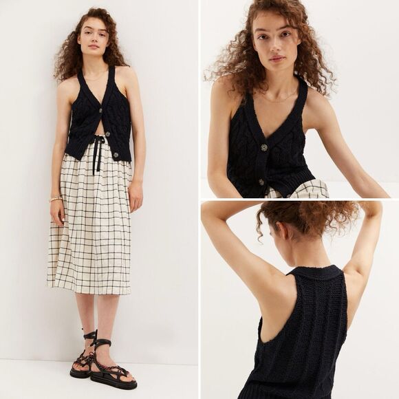 Anthropologie Pilcro Sweater Black Cable-Knit Tank Button Front M - Picture 1 of 12